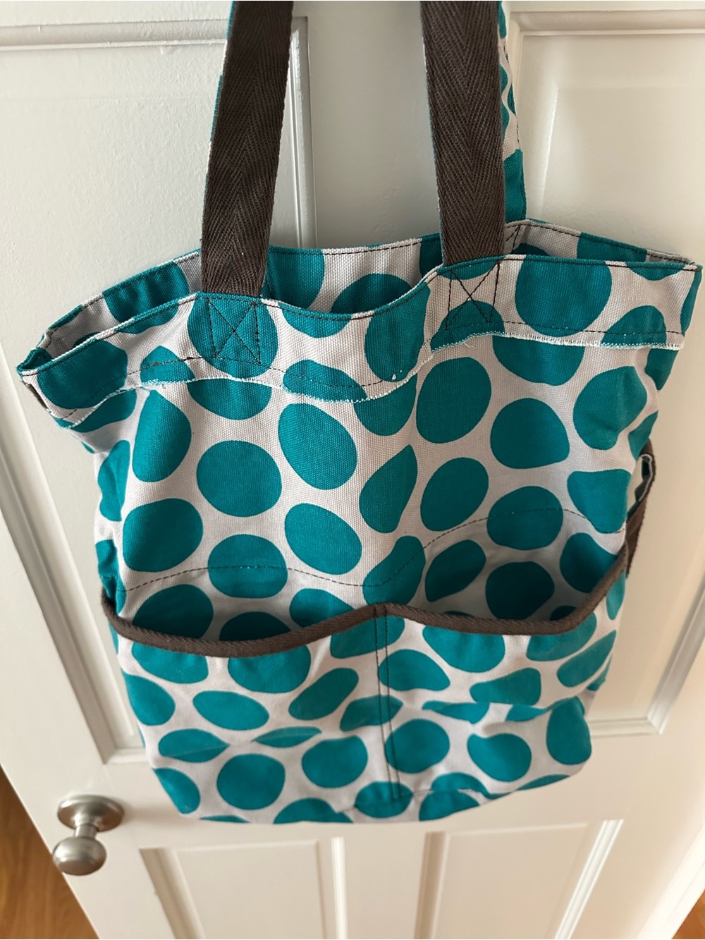 thirty-one Teal Dot Canvas Tote with Brown Handles